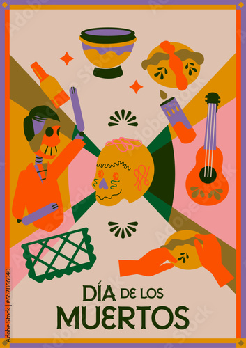 Día De los Santos muertos difuntos, fiesta mexicana, festival. Cartel vectorial, pancarta y tarjeta en estilo geométrico moderno, con calaveras, pan de muerto, incienso, vela, guitarra y flores.