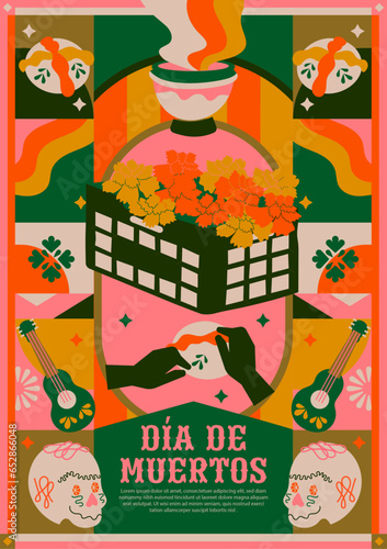 Día De los Santos muertos difuntos, fiesta mexicana, festival. Cartel vectorial,  tarjeta en estilo geométrico moderno, con calaveras, pan de muerto, incienso, vela, guitarra, flores cempasúchil.