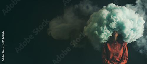 Woman with head in cloud, depression, trauma, loneliness and mental health, brain fog by dementia, social issue and shyness