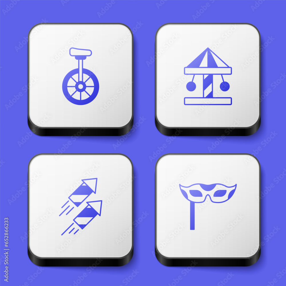 Set Unicycle, Attraction carousel, Firework rocket and Festive mask icon. White square button. Vector Set Unicycle, Attraction carousel, Firework rocket and Festive mask icon. White square button. Vector