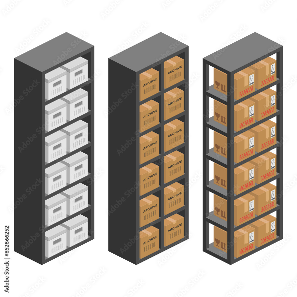 storage shelf bookcase with parcel boxes isometric vector flat illustration storage shelf bookcase with parcel boxes isometric vector flat illustration