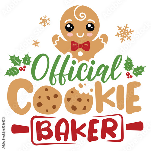 Official cookie baker vector illustration with cute boy ginger men. Kids Christmas design isolated good for Xmas greetings cards, poster, print, sticker, invitations, baby t-shirt, mug, gifts.