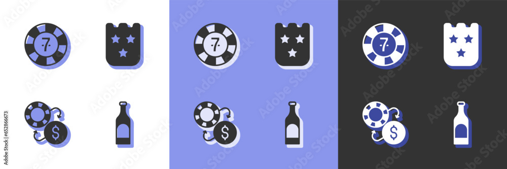 Set Bottle of wine, Casino chips, exchange and Lottery ticket icon. Vector Set Bottle of wine, Casino chips, exchange and Lottery ticket icon. Vector