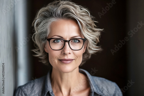 Middle aged woman designer wearing glasses.