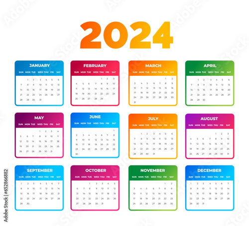 2024 colorful Calendar Desktop Planner Template set. Corporate business wall or desk simple Planner 2024 colorful calendar with week start Sunday.  Set of 2024 Calendar Planner Template bundle.