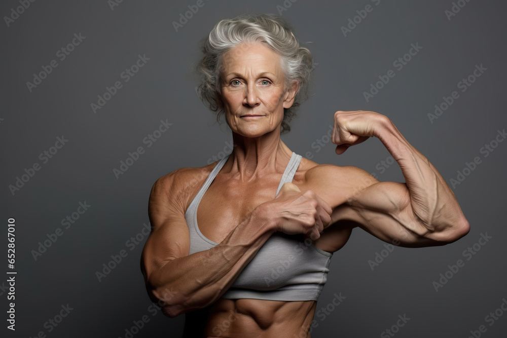 Older woman in great physical shape shows her biceps on gray background. Older woman in great physical shape shows her biceps on gray background.