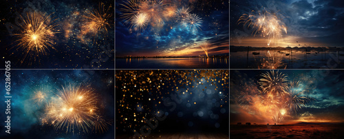 Fireworks in the night sky. Happy New Year 2024 written sparklers. Big set