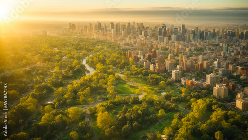 ariel view of a green city, bird eye view, golden hour sunlight with sky, landscape background photo