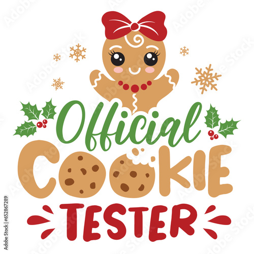 Official cookie tester vector illustration with cute girl ginger men. Kids Christmas design isolated good for Xmas greetings cards, poster, print, sticker, invitations, baby t-shirt, mug, gifts.