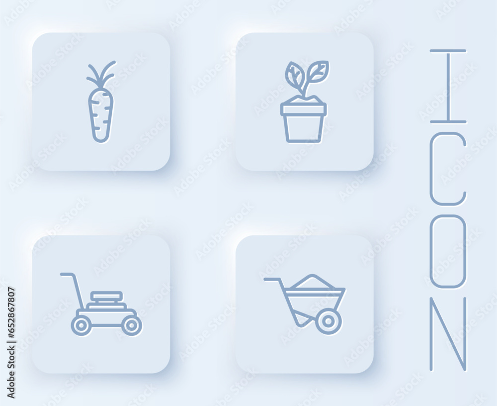 Set line Carrot, Plant in pot, Lawn mower and Wheelbarrow. White square button. Vector Set line Carrot, Plant in pot, Lawn mower and Wheelbarrow. White square button. Vector