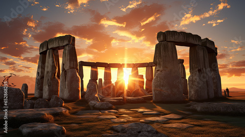 Rocks arranged in a circle at sunset photo