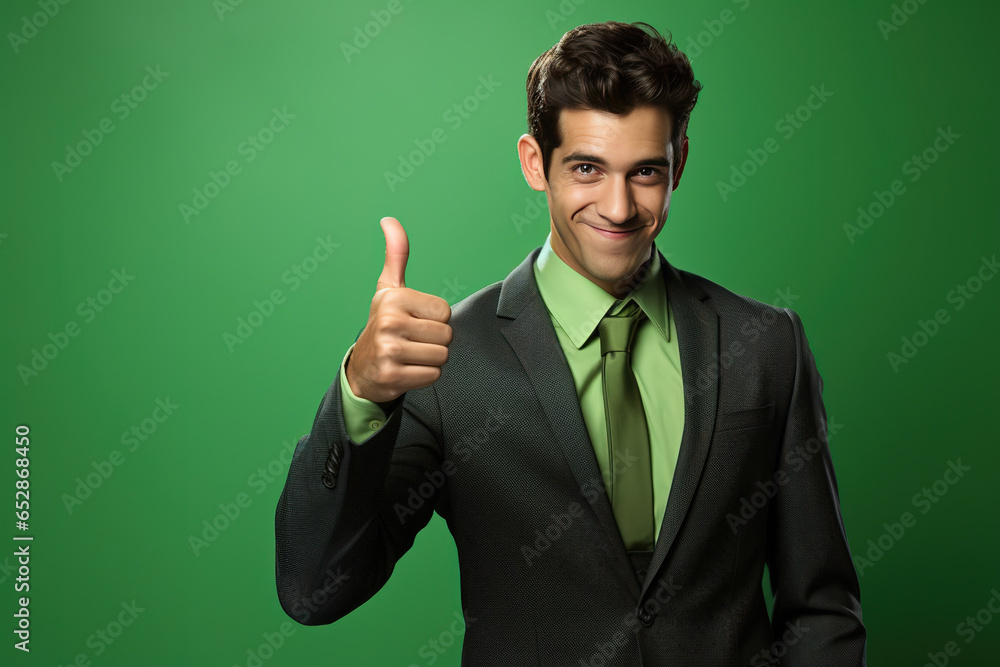 Man doing happy thumbs up gesture with hand on green background. Man doing happy thumbs up gesture with hand on green background.