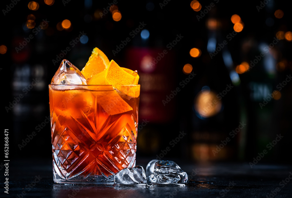 Espresso Negroni cocktail drink with dry gin, red vermouth and bitter