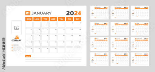 2024 Calendar Desktop Planner Template. Corporate business wall or desk simple Planner calendar with week start Sunday.  Set of 2024 Calendar Planner Template with Place for Photo and Company Logo.