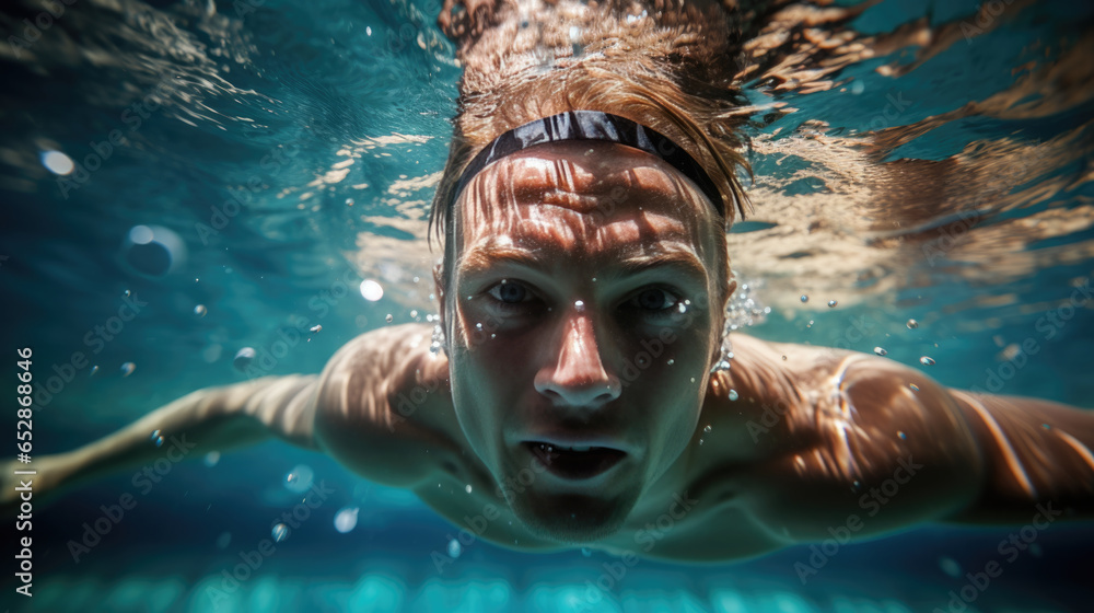 Portrait of a man swimming and diving in a pool