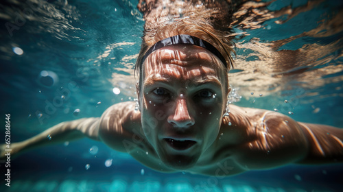 Portrait of a man swimming and diving in a pool