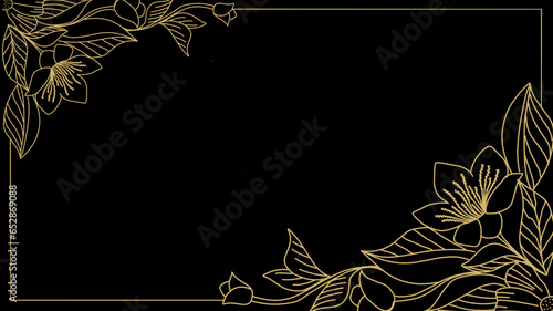 Gold frame. Plants line gold. Luxurious golden nature. Flowers in a thin line. Light pastel colors.