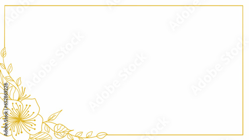 Gold frame. Plants line gold. Luxurious golden nature. Flowers in a thin line. Light pastel colors.
