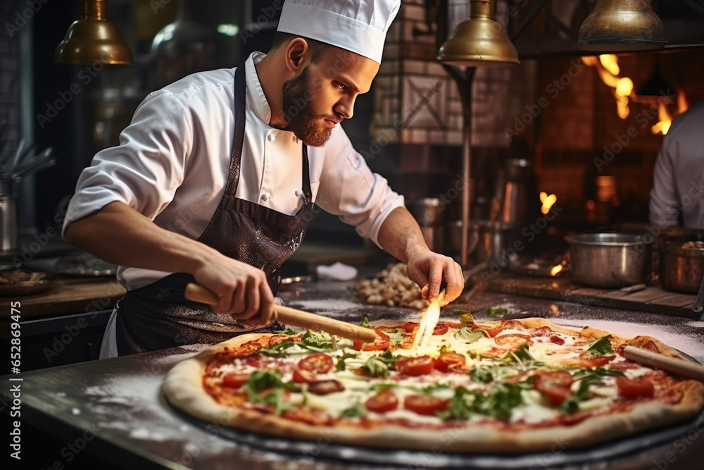 Male chef makes pizza in a restaurant. Male chef makes pizza in a restaurant.