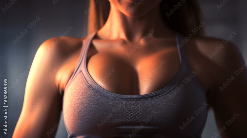 Beautiful muscular woman in fitness outfit on gym background. Generative AI