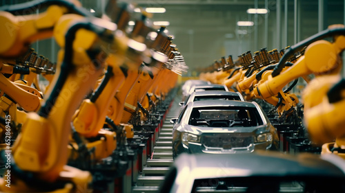 A car factory with robotic arms, assembling and crafting vehicles. Generative AI