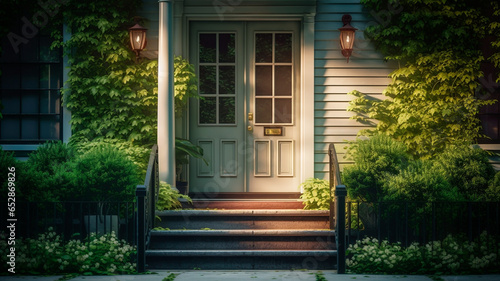 A white door stands as the gateway to a lovely abode. Generative AI © REC Stock Footage