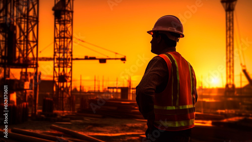 A silhouette of man in the twilight hours of a construction site. Generative AI