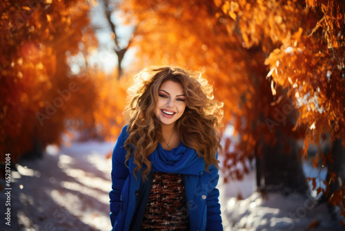 Happy beautiful plus size model in warm winter clothes outdoors, portrait of a cute chubby woman on a background of yellow leaves in the park