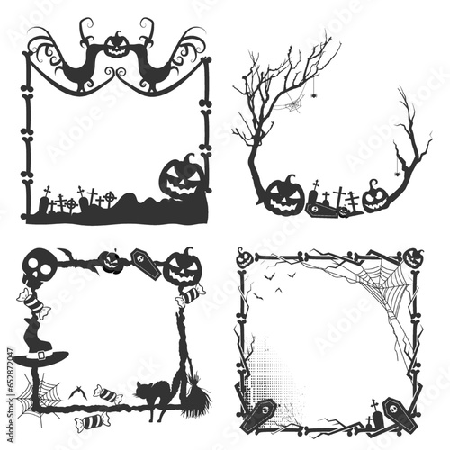 Halloween frame border with halloween elements like skull witch hat and spider net