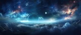 Cosmic artwork featuring infinite expanse of stars galaxies and universe with cinematic lighting Photo realistic depiction of outer space travel and cosmic journey