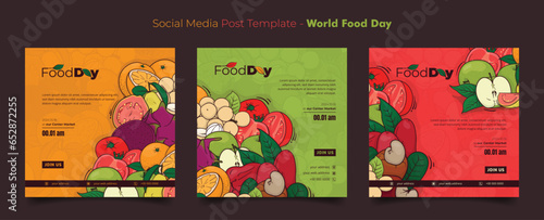 Set of social media post template with colorful doodle art of fruits background for world food day