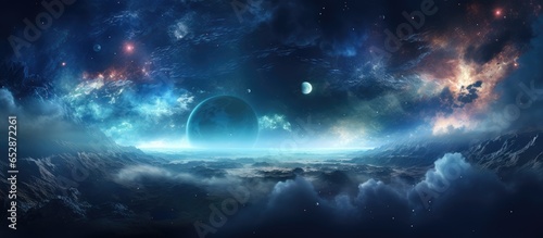 Cosmic artwork featuring infinite expanse of stars galaxies and universe with cinematic lighting Photo realistic depiction of outer space travel and cosmic journey