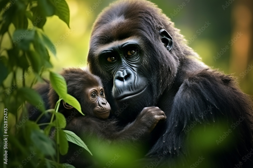 gorilla mother and child with natural background