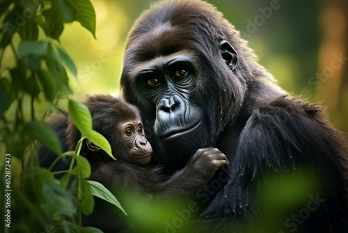 gorilla mother and child with natural background © Derry