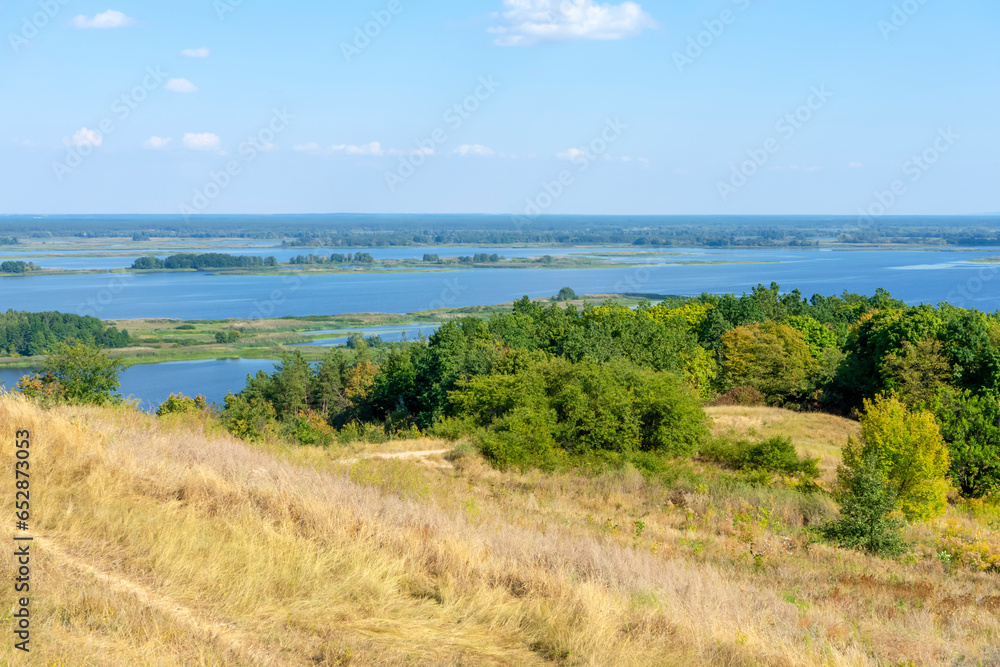 Landscape of Dnieper river on sunny day near Vytachiv, Ukraine
