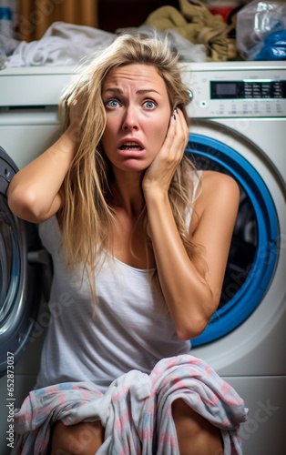 A desperate and exhausted housewife is doing the washing machine and is having problems