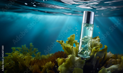 Collagen extract cosmetics of sea plants for product mockup. Algae plant essence with sea water cosmetic bottle with sea salt. Underwater mock up background © Ron Dale
