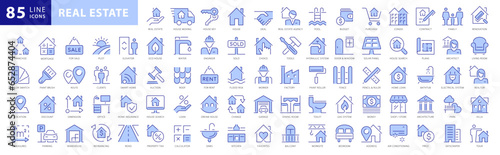 Real Estate Blue Icon set. House, Home, Buy, Sell, Rent, Smart Home, Renovation, Building, Mortgage, Skyscraper, Plot, Shop, Flat, Living Room, Bathroom. Two Tones Blue Vector Icons Collection