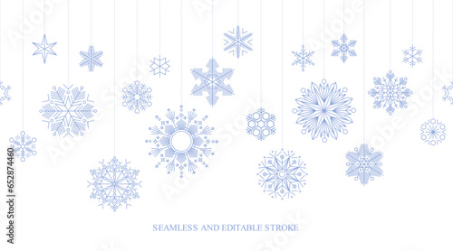 Blue Winter Seamless Background with geometric Snowflakes hanging from Above. Full Vector Illustration