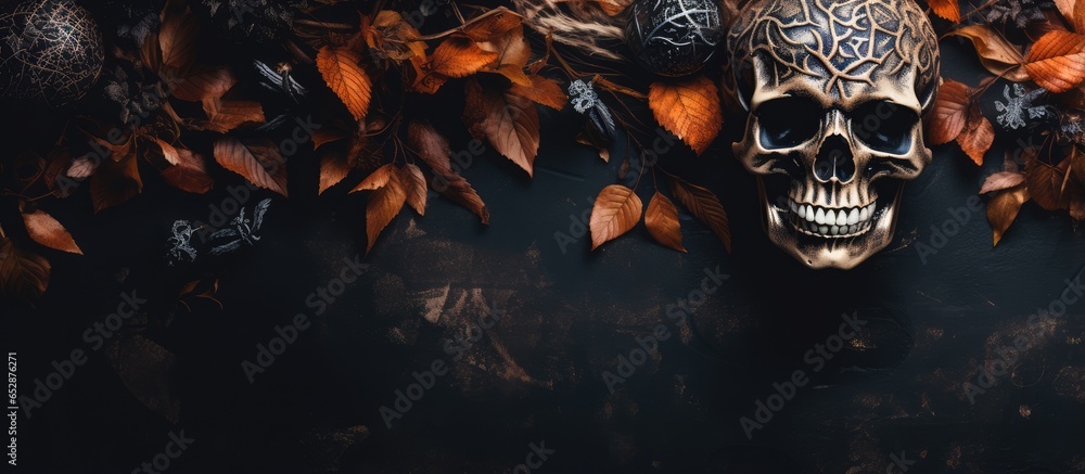 Halloween symbol with skull autumn leaves and dark natural background Symbolizes magic and mysticism - obrazy, fototapety, plakaty 