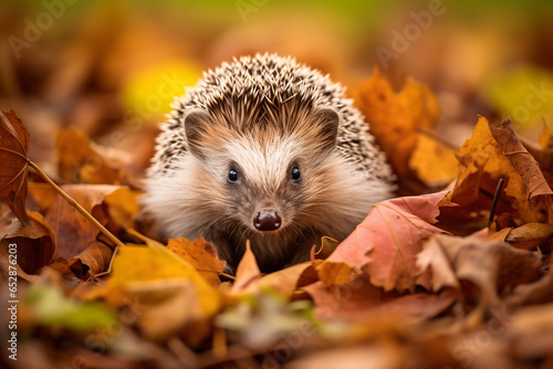 a hedgehog in a natural forest background photo