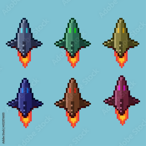 Pixel art sets of spaceship with variation color item asset simple bits of spaceship on pixelated style 8bits perfect for game asset or design asset element for your game design asset
