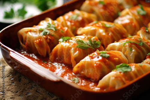 Cabbage rolls stuffed with minced meat and rice in tomato sauce.