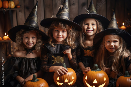 Group of childs in witch costumes for Halloween with pumpkin lantern at home.