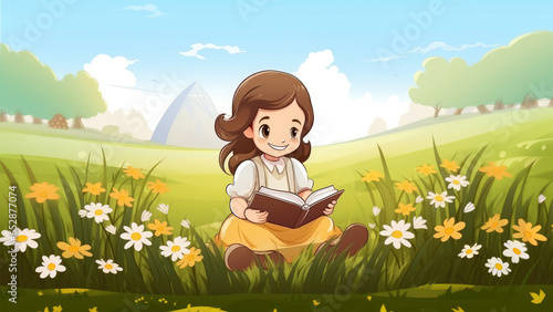 Little girl reading a book in the meadow with flowers. Cartoon style. photo