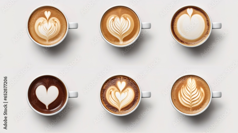 coffee cup assortment top view collection, coffee cup assortment with heart sign top view collection isolated on white background.