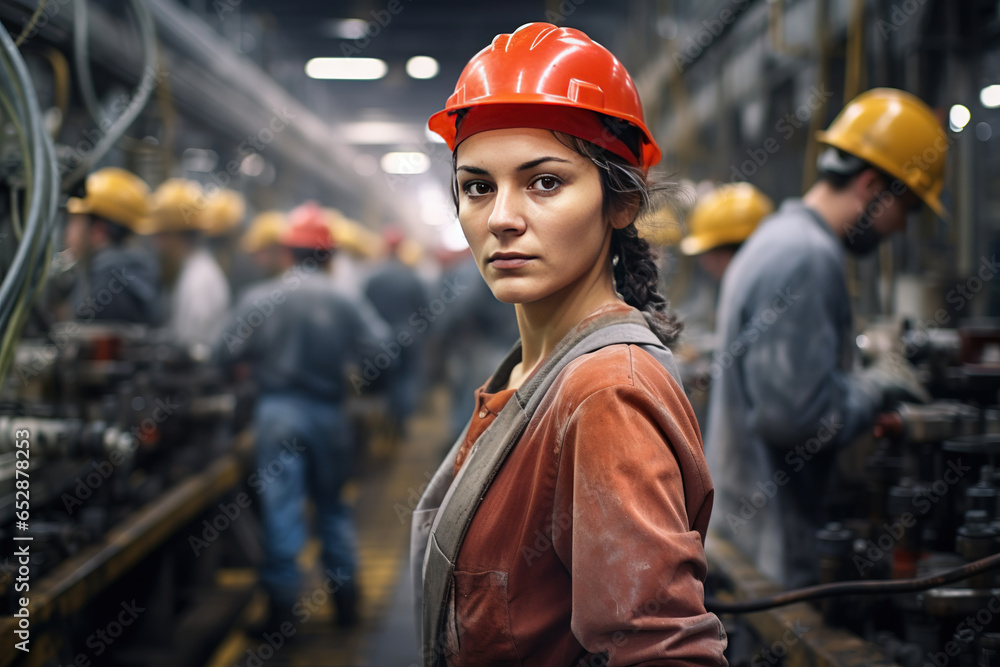 Factory worker wearing a safety helmet in the background of a production line Factory worker wearing a safety helmet in the background of a production line