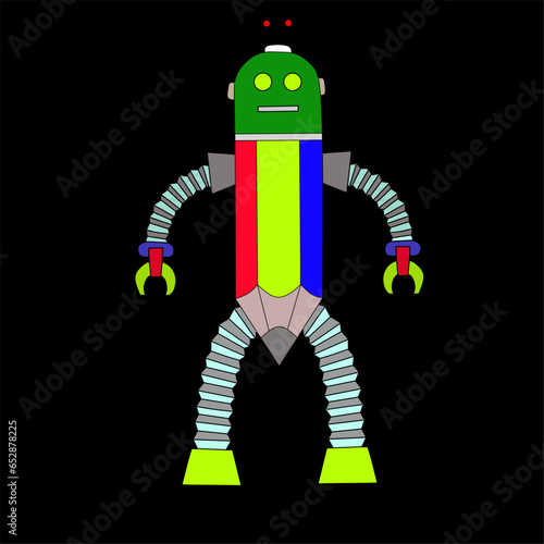 an illustration of a pencil robot drawing with unique characters on a dark background