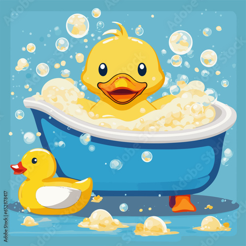 Bathtub with foam bubbles inside and bath yellow rubber duck on white background Vector illustration in flat style.