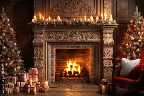 Christmas interior with decorated Christmas tree, presents and fireplace. Christmas and New Year celebration concept. 